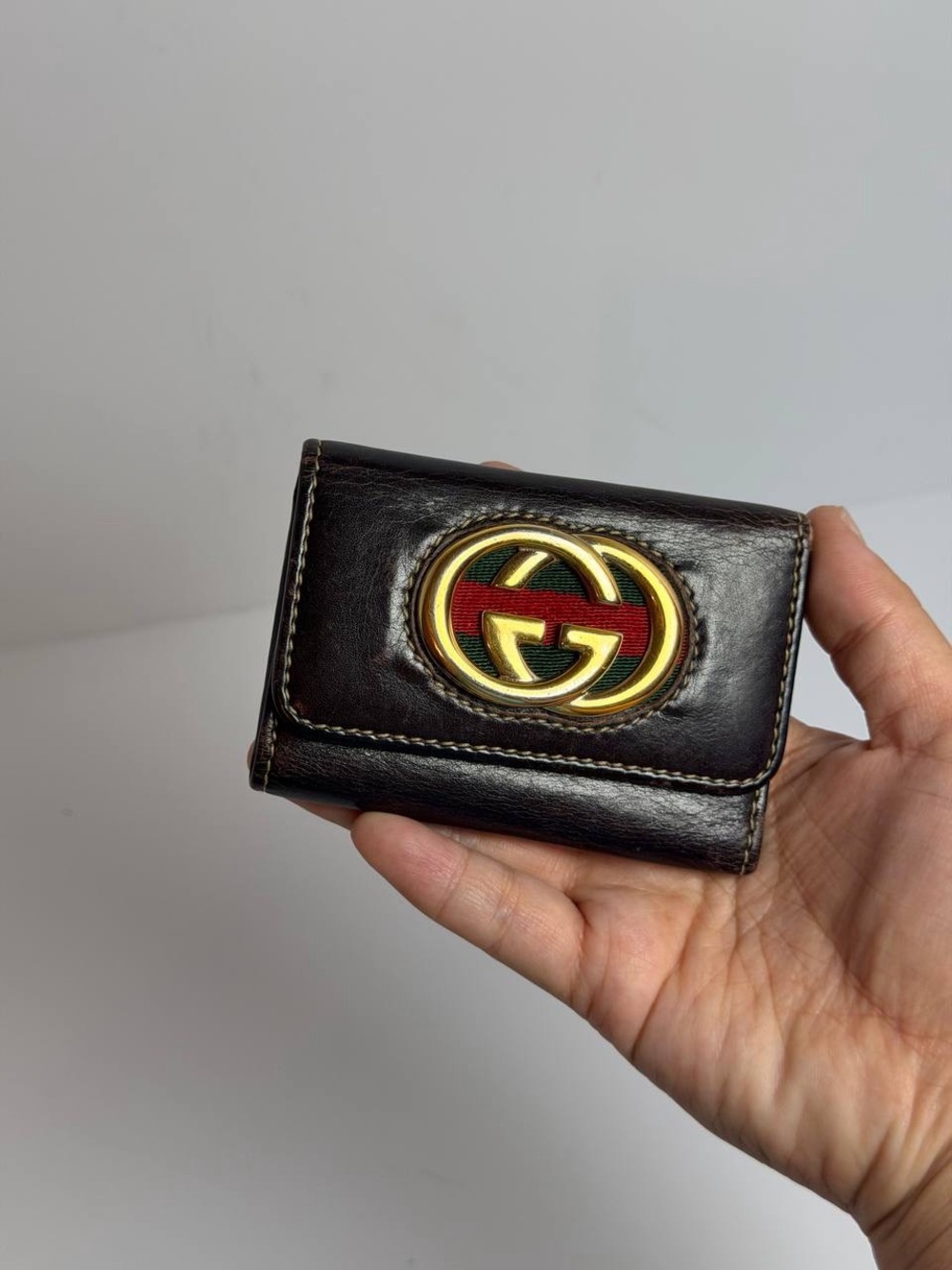 Gucci Vintage Interlocking GG Web Stripe Brown Leather Key Holder Case